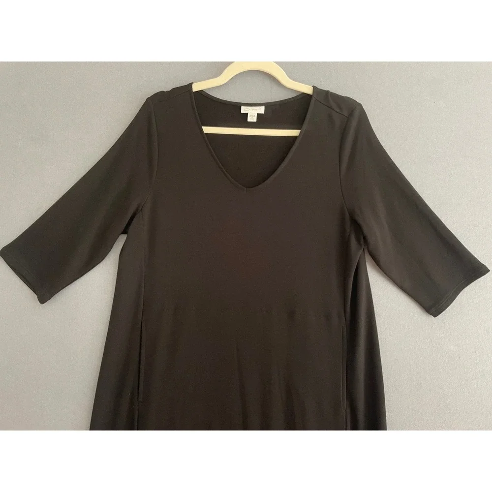 Pure Jill Luxe Tencel M Petite Dress Black VNeck Midi Minimalist 1/2 Sleeve Soft